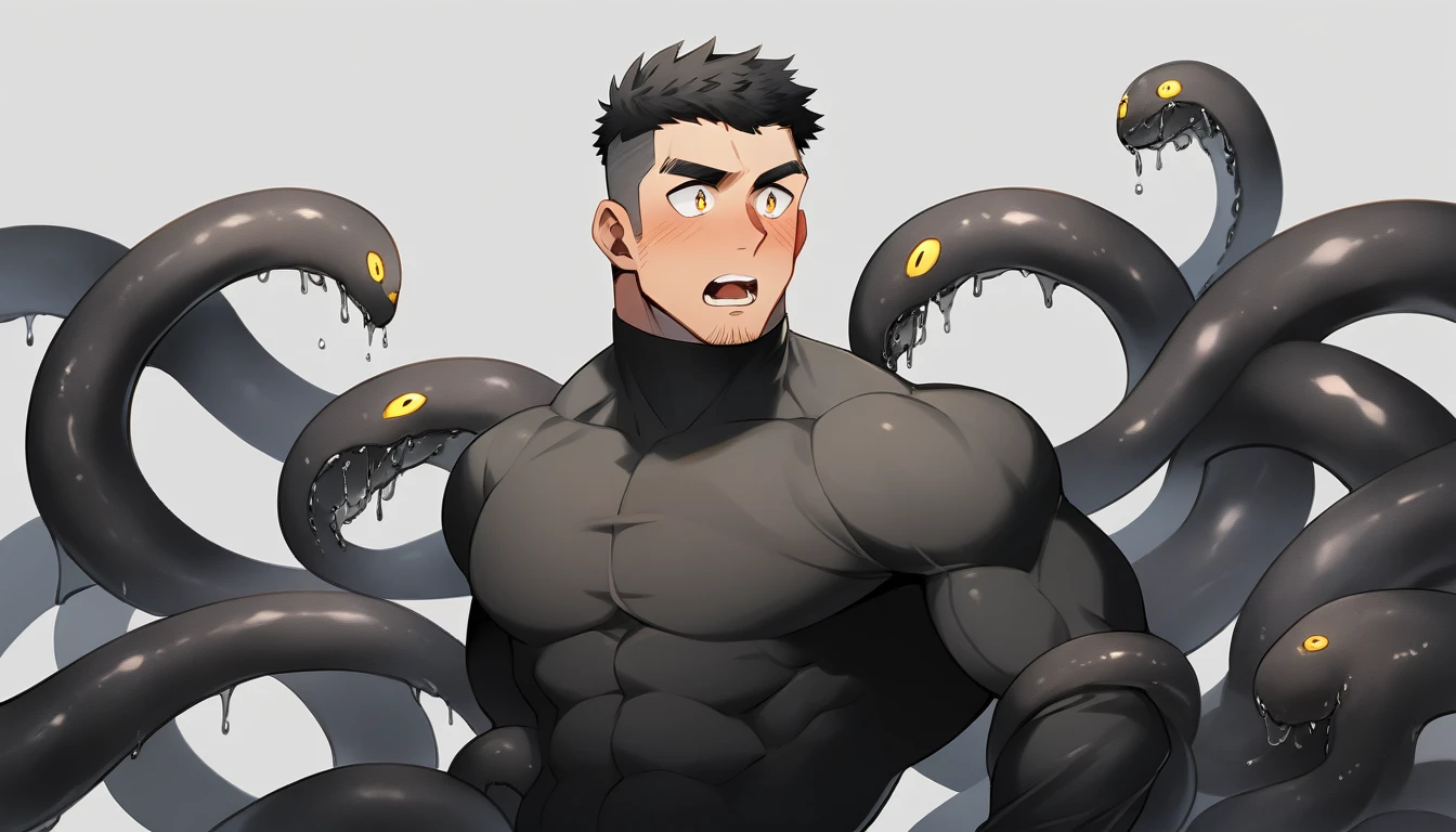 anime characters：Superhero in tights, negro black skin, He was entangled by a large number of thick black tentacles, Very stout, Slime Slug, Lots of mucus, Wrap around the neck, Tightly tied, Manliness, male focus, Yellow and black high collar long sleeve tight T-shirt, Slightly transparent material, Very tight, Round, full and perky chest muscles, Male dog waist, Slightly transparent, muscular male, muscular, only, Upper body, alone, Black short hair, Thick eyebrows, stubble, Yellow eyes, Grey background, simple background, amazing quality, best aesthetics, Ridiculous, bright pupils, crew cut, parted lips, blush, open mouth, scared, drop shadow, best quality