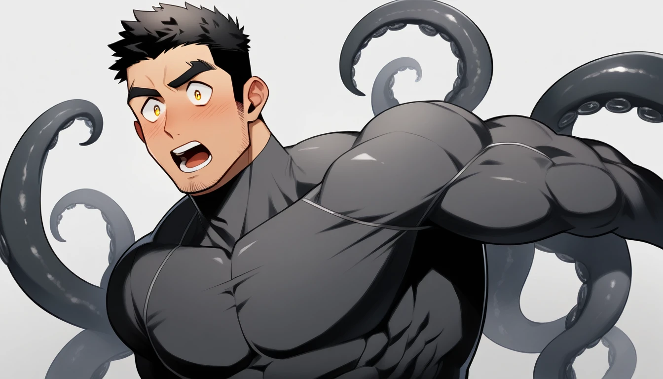 anime characters：Superhero in tights, negro black skin, He was entangled by a large number of thick black tentacles, Very stout, Slime Slug, Lots of mucus, Wrap around the neck, Tightly tied, Manliness, male focus, Yellow and black high collar long sleeve tight T-shirt, Slightly transparent material, Very tight, Round, full and perky chest muscles, Male dog waist, Slightly transparent, muscular male, muscular, only, Upper body, alone, Black short hair, Thick eyebrows, stubble, Yellow eyes, Grey background, simple background, amazing quality, best aesthetics, Ridiculous, bright pupils, crew cut, parted lips, blush, open mouth, scared, drop shadow, best quality