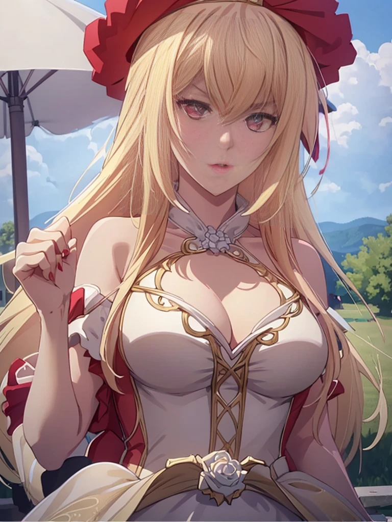 Masterpiece, best quality, highly detailed, highres, 8K, natural lighting, 1 girl, blonde hair, ruby eyes, large breast, she wet, sexy pose, camera from under, outdoor, (Full body shot:1.1), detailed finger shape, the number of fingers is not excessive