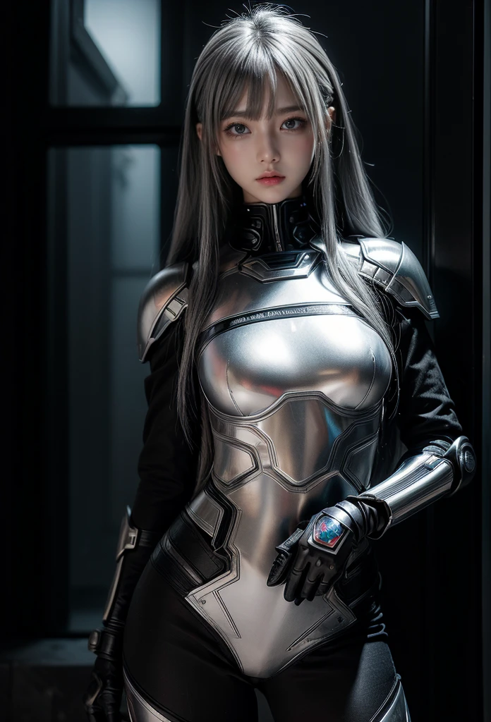 cyber angel,machine wing,{{Sci-Fi Armor}},cyber suit,cyberpunk,science fiction,cyber battle armor,Battledress,Military Uniforms,pants,black military uniform,whole body,Height: 168cm,almond shape eyes,{{{{{silver eyes}}}}},{{{{{dull bangs}}}}},(slanted eyes},{{whole body},{{{1 girl}}}, long hair, straight hair,{{{{silver hair}}}},{{{tsurime}}},30 years old,{Medium chest},{{bush}},silver eyes,{{{masterpiece}}}, {{{highest quality}}}, {{Super detailed}}, {shape}, {{very delicate and beautiful}},very detailed,detailed perfect,detailed hyper,Abundant thighs,big ass,black clothes