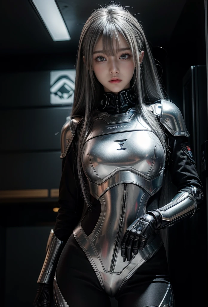cyber angel,machine wing,{{Sci-Fi Armor}},cyber suit,cyberpunk,science fiction,cyber battle armor,Battledress,Military Uniforms,pants,black military uniform,whole body,Height: 168cm,almond shape eyes,{{{{{silver eyes}}}}},{{{{{dull bangs}}}}},(slanted eyes},{{whole body},{{{1 girl}}}, long hair, straight hair,{{{{silver hair}}}},{{{tsurime}}},30 years old,{Medium chest},{{bush}},silver eyes,{{{masterpiece}}}, {{{highest quality}}}, {{Super detailed}}, {shape}, {{very delicate and beautiful}},very detailed,detailed perfect,detailed hyper,Abundant thighs,big ass,black clothes