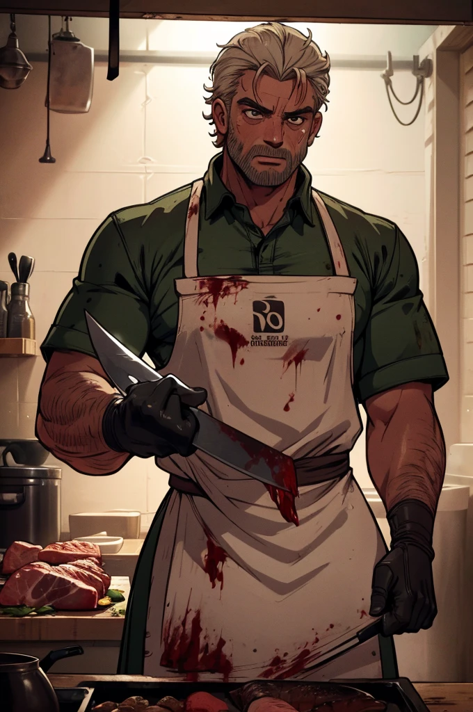 tropical enviroment, realistic detailed butcher, 1 male, detailed facial features, realistic skin texture, detailed clothing, apron, holding meat cleaver, meat hanging in the background, blood stains, dimly lit environment, dramatic lighting, gritty, dark, cinematic, muted colors, moody atmosphere