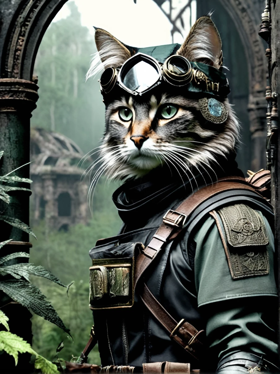 Dystopian Cat, (Adventurer's Costume), wealthy_Dense forest, Spectacular ruins, Amazing details, Great quality, masterpiece, . dark, Post-apocalyptic, dark, dramatic, Very detailed