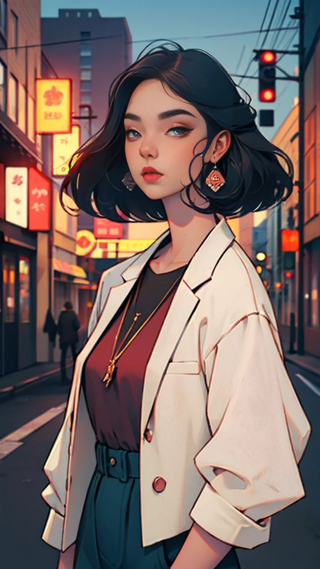 Masterpiece, best quality,1girl, standing in center of street, neon style background,wide shot,casual clothes, intricate details,16k,ultra resolutions,ankymoore, looking at viewer, beautiful detailed face, intricate eyes,