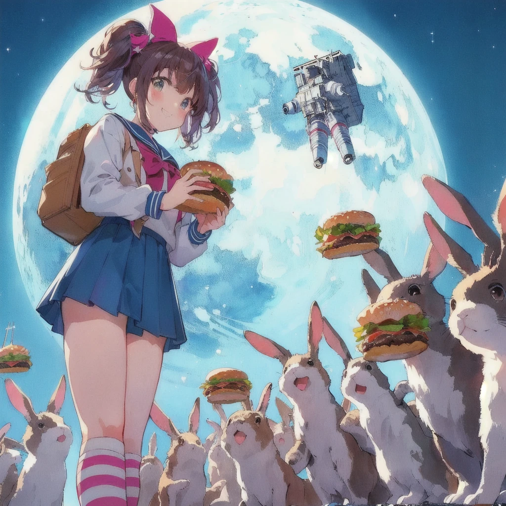 Hamburger and rabbit and anime girl, smile,Earth in the sky,Astronauts are flying,Anime Food, 80s anime art style, Anime Wallpaper,, Kantai Collection Style, Official artwork, Anime-style illustrations, Anime Cover, High quality anime art style, Trending Anime Art, 80s anime style