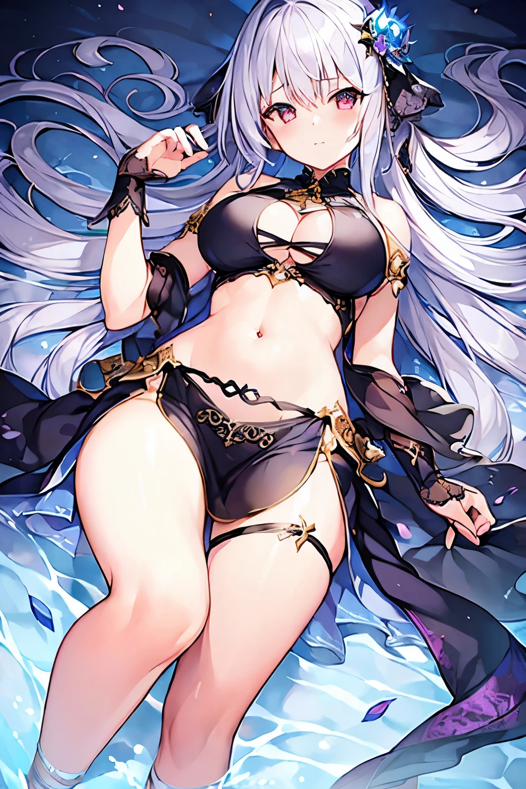 1 girl、Silver Hair、((Fantasy style clothing、Side lace))、mini skirt、Big slit、Bigger breasts、barefoot、Chest open、Shoulder Bare、Belly button、