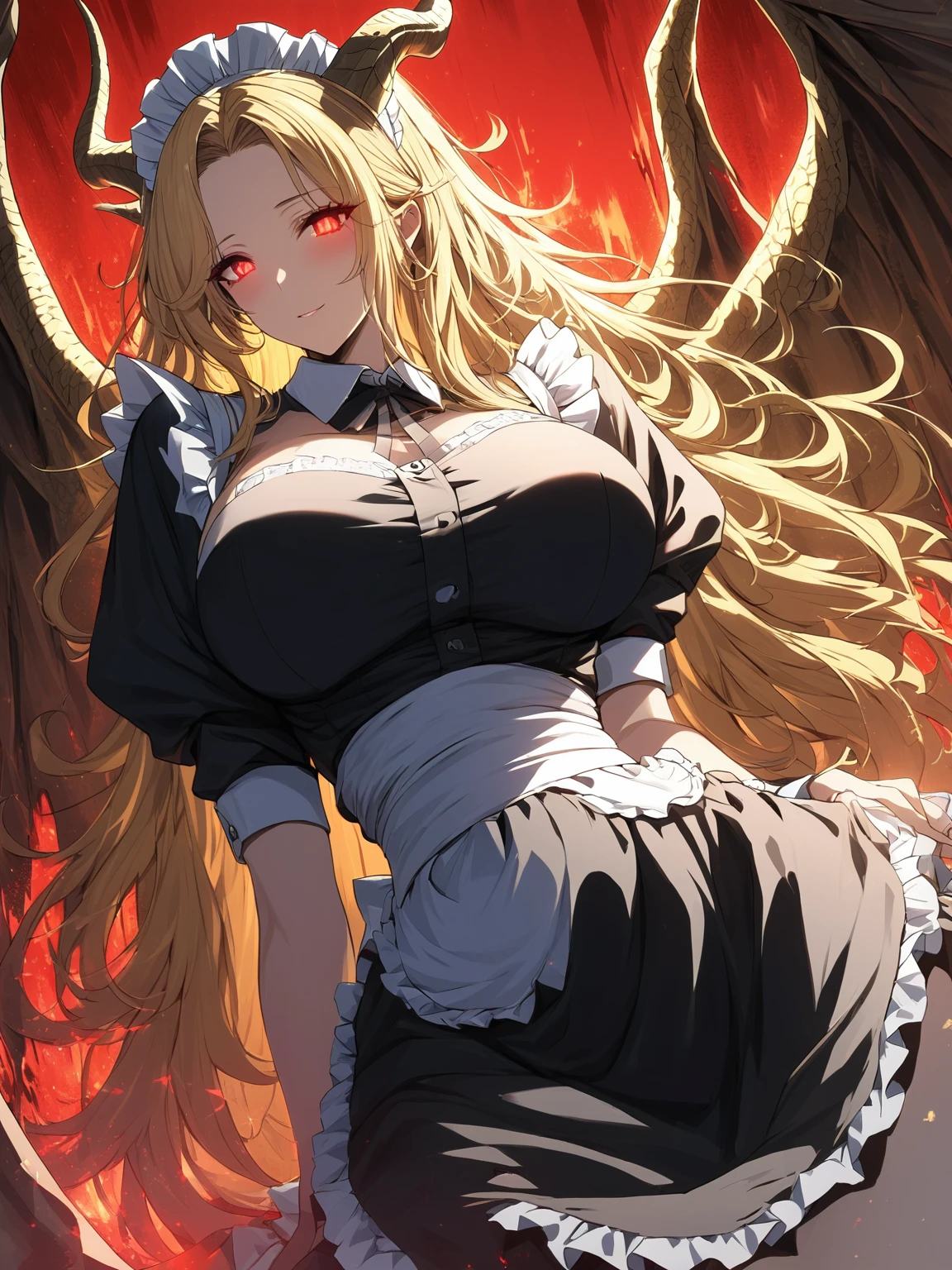 Masterpiece, very detailed, ultra detailed, one, (1 female maid), she is in a maid costume, and in an elegant position, super , tall, milf, re motuper long hair, golden hair, with ultra-golden hair and combed on the sides, golden dragon horns, yellow dragon wings, beautiful, charming, glowing blood-red eyes, elegant, big breasts, kinrming, bright red background, dead atmosphere, against the background of ghouls.