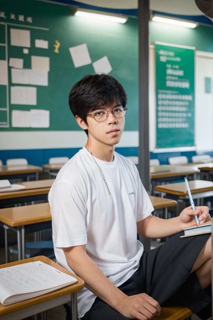 A man sitting in the classroom, Boys, Male classmates, In campus classrooms, this Male classmates is wearing a white T-shirt, Black short hair, Holding a pen in hand, There is a test paper, There are books, The lens is mainly concentrated on the upper part of the fuselage, Lofy art style ((Xinhaicheng), CGStation Popular, Shinkai Makoto H 2160, Inspired by Border Guardians, Shinkai Makoto, plan, Gurwitz style, High-quality images, 4K, 8K, solve,