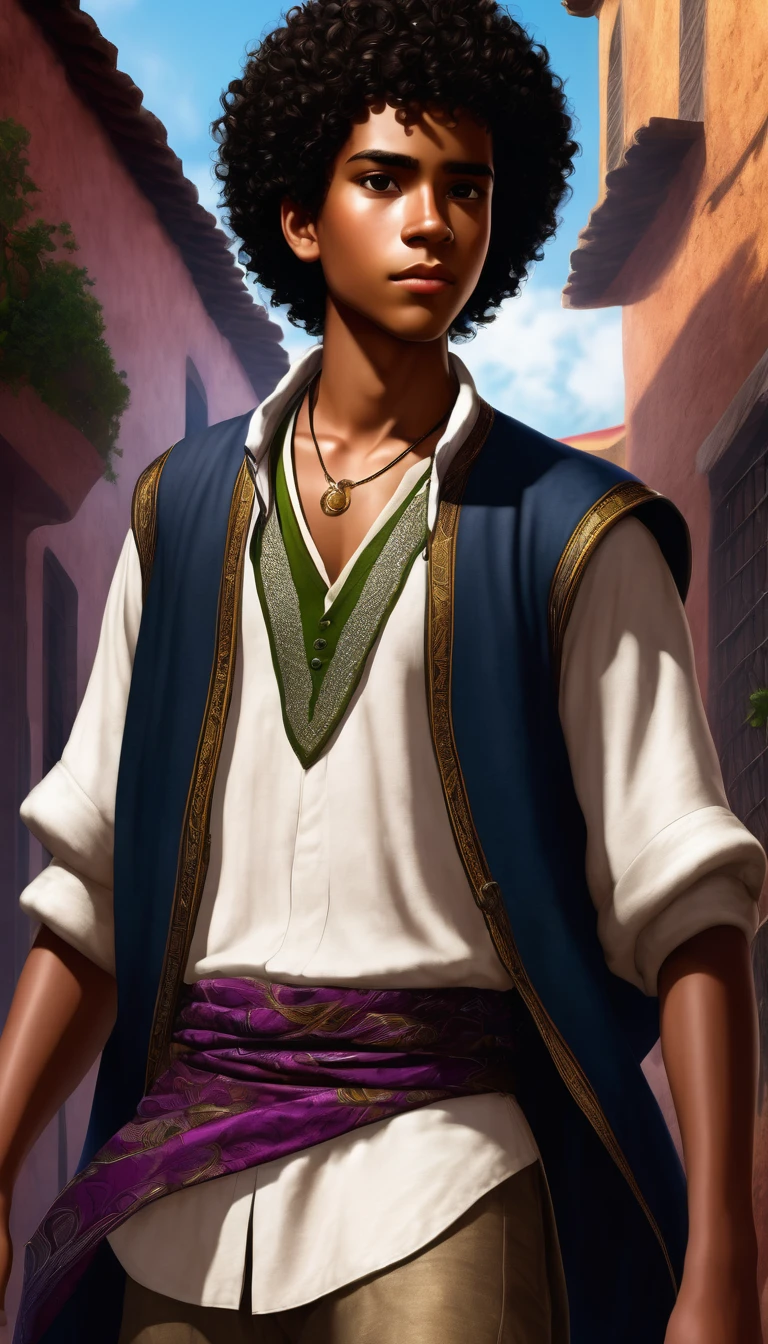 (A masterpiece, high quality, detailed CG 8k wallpaper and exquisite illustration) Miguel, a young and talented Afro-Latino sorcerer: dark, thin, curly haired, 17 years old, with heterochrony, (protagonist).