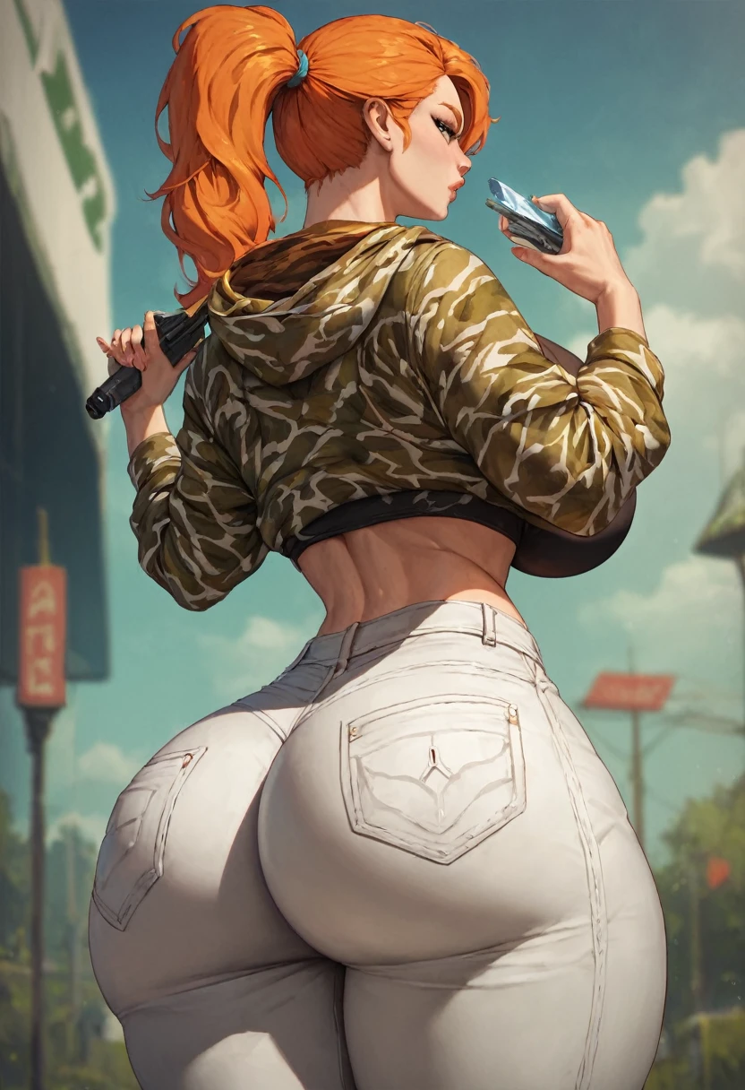 1girl, solo, masterpiece, best quality, detailed, narrow waist, wide hips, huge breasts, huge ass, score_9, score_8_up, score_7_up, pants, camouflage hoodie, orange hair, ponytail,