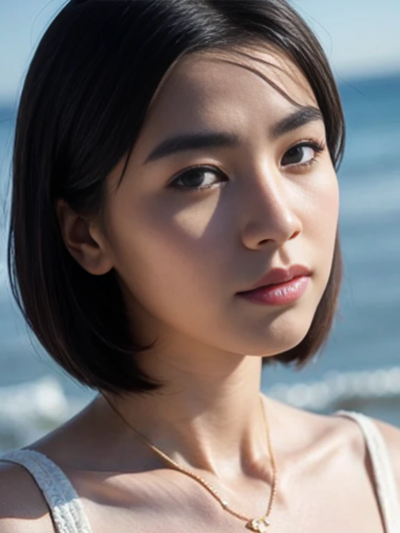 One woman、Amazingly beautiful、Strong Aboist black hair、Bob Hair、Extremely short hair、Ultra detailed face、Lips Detail、Detailed eyes、double eyelid、Highest quality、masterpiece、Shiny skin、Solar flare、Award-winning photography、Healthy Body、Uplifting、Real、Realな顔、dramatic、dark、Sharp Focus、8K、20-year-old、Full body photo(Highest quality、8K、masterpiece:1.3)、Sharp Focus:1.2、Beautiful woman with perfect figure:1.4、Chubby body type、Small belly:1.2、(Layered Hairstyles:1.2)、maximum:1.3、Pure white bra、Pure white panties、(distance:1.5)、Moist body:1.1、Extremely delicate facial and skin texture、Fine grain、Sexy crotch、Real Skin、Real eyebrows、Beach、VistaWave、coco、Evening Light、Model posing on the catwalk、Gaze towards the viewer。(Large Breasts)、