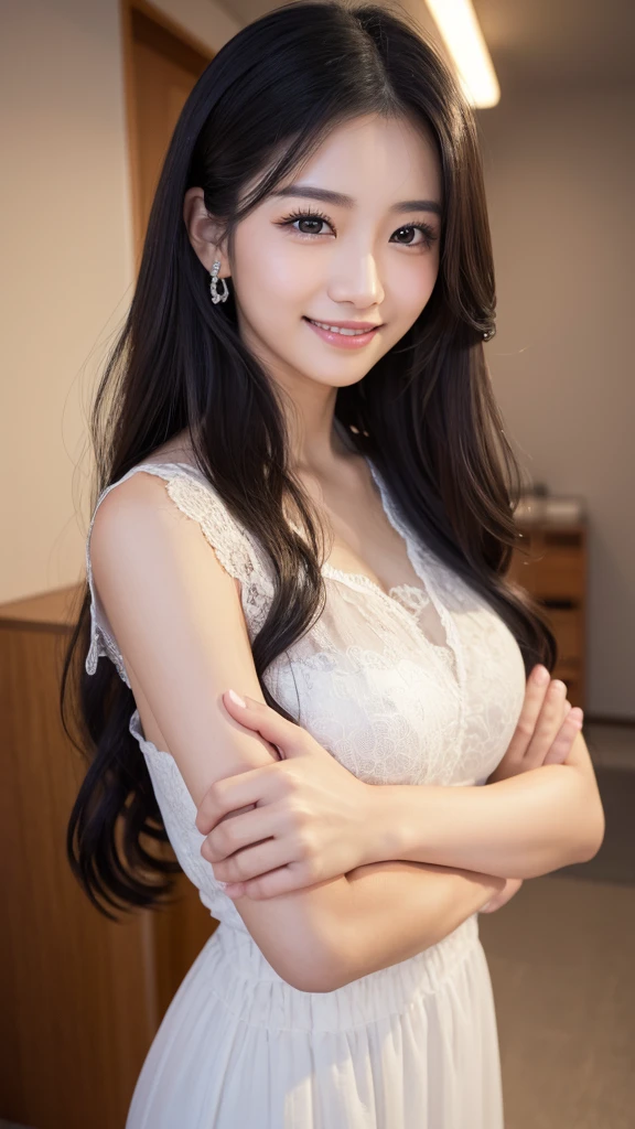 masterpiece、1 beautiful girl、Highest quality, High resolution, (reality: 1.4), Japanese、A Japanese person smiling with beautiful white teeth、Amazingly white, beautiful skin、thin、(Ultra-realistic)、(High resolution)、(8K)、(Very detailed)、(Beautiful attention to detail)、(Very detailedな)、(Detailed eye depiction)、Big eyes、Long eyelashes、Detailed face、Gloss Lip,Bright lighting、Professional Lighting、Standing and facing the camera、Look straight ahead、The whole body is shown、つま先から頭までThe whole body is shown、Long Hair、Black Hair、Curly Hair、Shooting studio scenery、Nogizaka idol、actress、20-year-old、Moist and realistic skin texture、Moist lips、