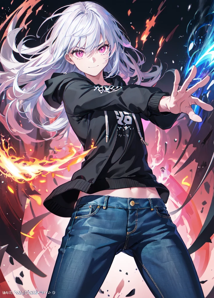 masterpiece, best quality, (extremely detailed CG unity 8k wallpaper), (best quality), (best illustration), (best shadow), absurdres, realistic lighting, (Abyss), beautiful detailed glow, anime, solo, 1girl, close up shot, dark sakura, pink eyes, white hair, herrscher, casual clothes, hoodie, t shirt, denim jeans, smile, serious expression, (aura, energy, battle stance:1.2), dynamic pose, metal, titanium, metal powers, Steel