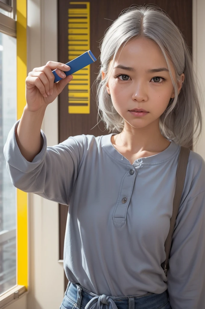 I want a photo of an emotion from the pixar movie. She has yellow skin, gray hair and is holding a ruler and a pencil. she is anxious 