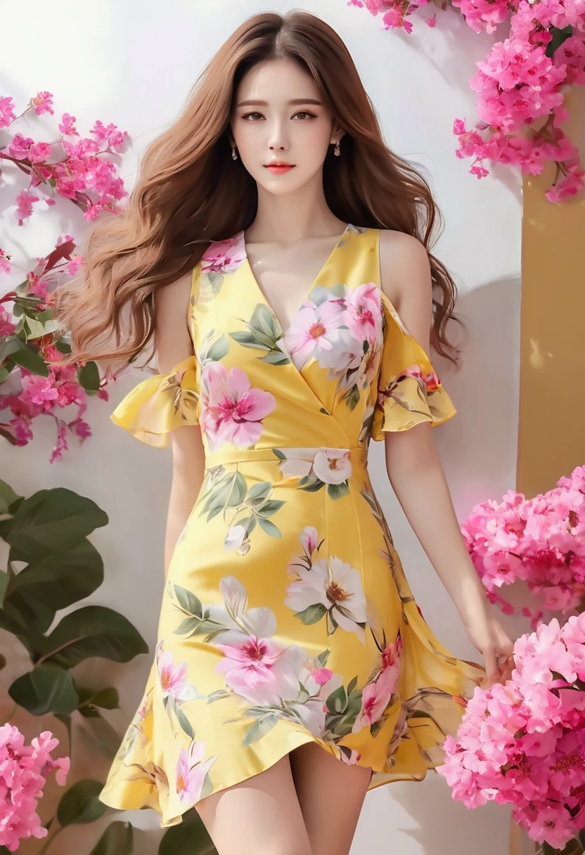 An image of a woman who calmly loves, Detailed medium brown hair, Bright yellow detailed eyes with long eyelashes, White short dress with pink floral print, Detailed brown high heel sandals. full body image. shoes foot