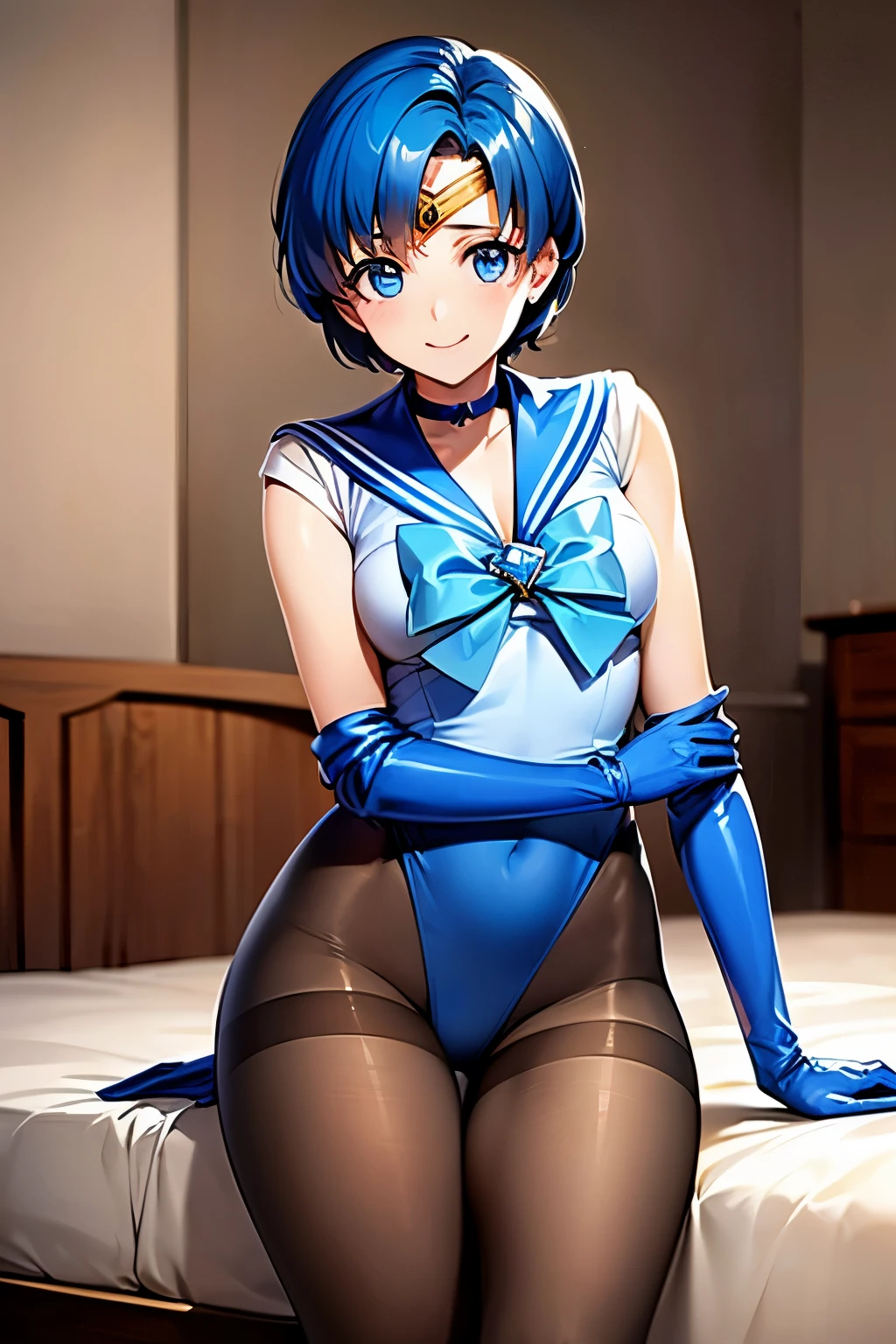 Highest quality, (masterpiece:1.2), Very detailed, 
One girl, alone,
View your viewers, smile, Medium chest, 
Water Eye, Blue Hair, short hair、((pantyhose))、Bedroom、((Sailor Mercury))、((Long gloves))、leotard、mini skirt、boots