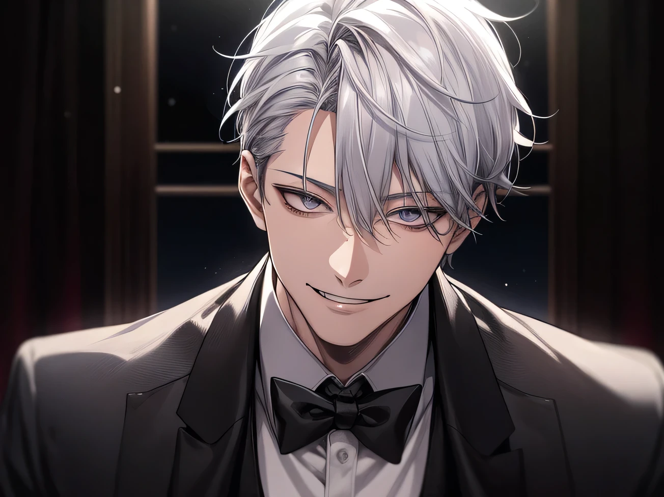 (Dark Room)、Night atmosphere,Dynamic Angle,masterpiece,Face close-up,Angle from below,male, 40 years old,(male1 person)、alone,Adult,Sharp Eye,Evil ,Gray Hair,,Kakiage,Nice black tuxedo,sweating,,smile,An inappropriate,Wear white gloves, smile,night,Medieval Europe