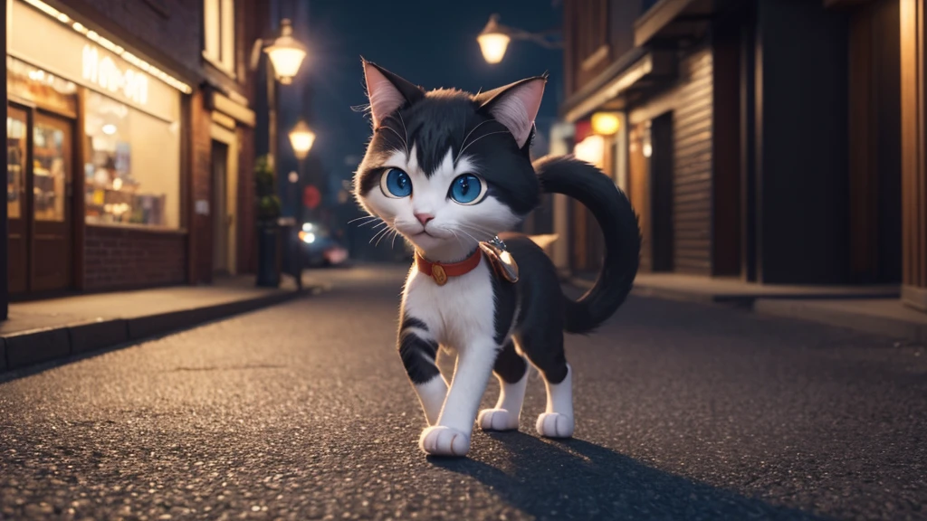 A cartoon cat character walking through a quiet night city, Anime characters, Stylized characters, Animation-style rendering, 3D stylized, Arnold Maya Rendering, 3D rendering style, toon render keyshot, 3D Characters, 3D Characters, 3D rendering style, 3D Charactersレンダリング, Cartoon characters, Close-up Character, Character pose, (Pixar Style) (Master Parts:1.2) (Bokeh) (Highest quality) (Fine skin) (Fine texture) (8K) (clay) (Cinema Lighting) (Sharp focus