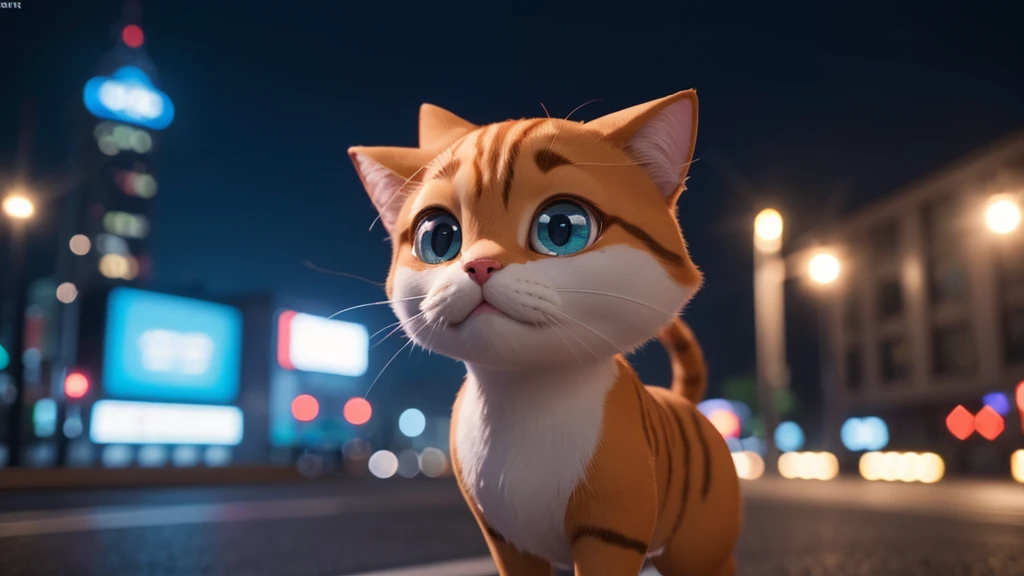 A cartoon cat character walking through a quiet night city, Anime characters, Stylized characters, Animation-style rendering, 3D stylized, Arnold Maya Rendering, 3D rendering style, toon render keyshot, 3D Characters, 3D Characters, 3D rendering style, 3D Charactersレンダリング, Cartoon characters, Close-up Character, Character pose, (Pixar Style) (Master Parts:1.2) (Bokeh) (Highest quality) (Fine skin) (Fine texture) (8K) (clay) (Cinema Lighting) (Sharp focus