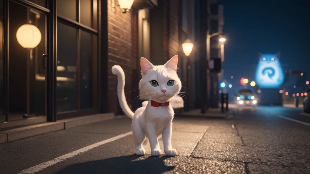 A cartoon cat character walking through a quiet night city, Anime characters, Stylized characters, Animation-style rendering, 3D stylized, Arnold Maya Rendering, 3D rendering style, toon render keyshot, 3D Characters, 3D Characters, 3D rendering style, 3D Charactersレンダリング, Cartoon characters, Close-up Character, Character pose, (Pixar Style) (Master Parts:1.2) (Bokeh) (Highest quality) (Fine skin) (Fine texture) (8K) (clay) (Cinema Lighting) (Sharp focus