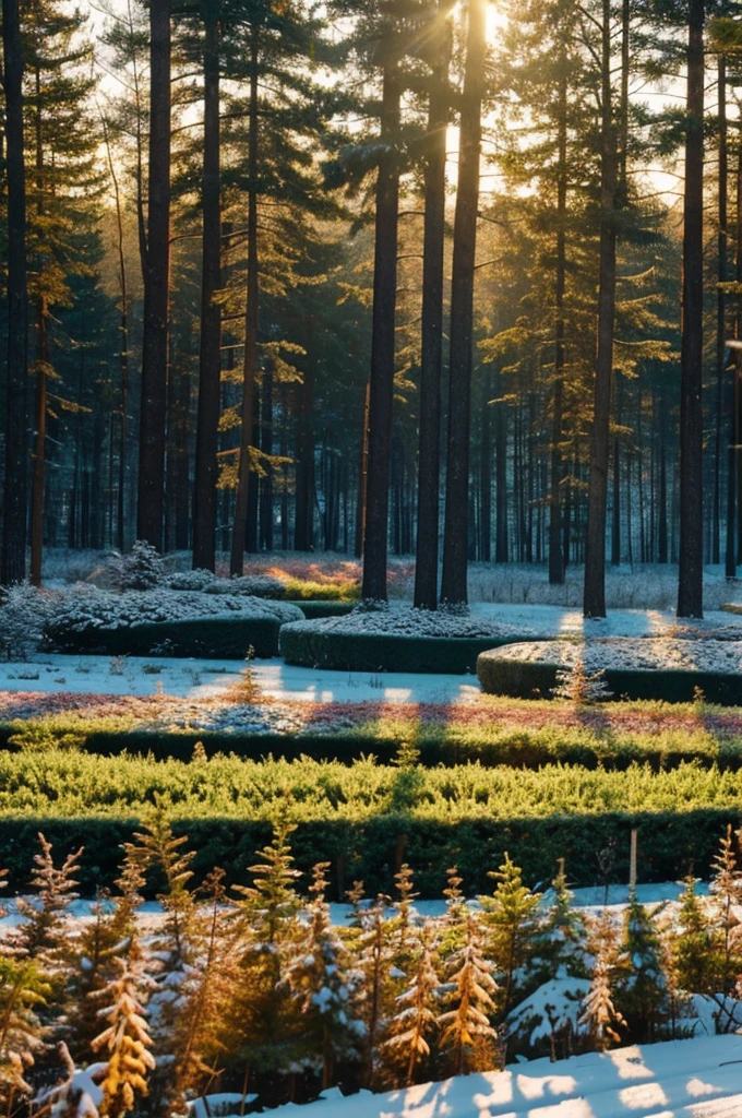 A very cold morning with a view of a forest garden