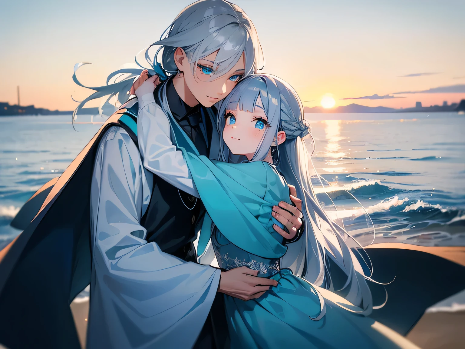 mole under eye, aqua eyes, gradient_eyes, upturned eyes, longeyelashes, silver hair, braided ponytail, long hair, side swept bangs, snowflake hair ornament, light smile, wearing a beautiful blue dress, on the beach, hugging a boy , high details, high quality, best quality, highres