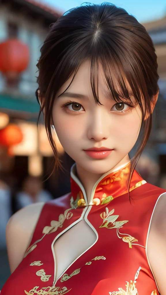 (Realistic: 1.4), (Highest quality: 1.4), Ultra-high resolution, (fine grain),((Sculpture Pose)),One Young Woman,Big Breasts,((Wearing a Chinese dress)),smile,Sunburn mark,Big eyes,Blushed,Highly detailed face and skin texture, Healthy Skin,(Chinatown),8K resolution