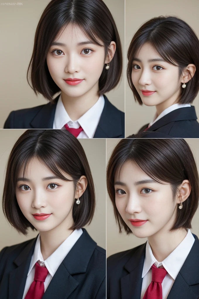 8K RAW Photos, High resolution, A cool 21 year old Korean, Big round breasts, ribbon, blazer, skirt, Beautiful eyes in every detail, Long eyelashes, Beautiful double eyelids, eye shadow, Long, narrow eyes, Three white eyes, Heavy eye makeup, smile, Beautiful slim legs, Short hair tied back, Earrings, School classroom