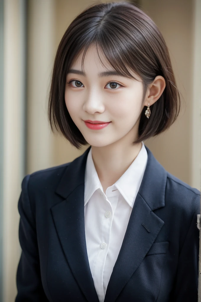 8K RAW Photos, High resolution, A cool 21 year old Korean, Big round breasts, ribbon, blazer, skirt, Beautiful eyes in every detail, Long eyelashes, Beautiful double eyelids, eye shadow, Long, narrow eyes, Three white eyes, Heavy eye makeup, smile, Beautiful slim legs, Short hair tied back, Earrings, School classroom