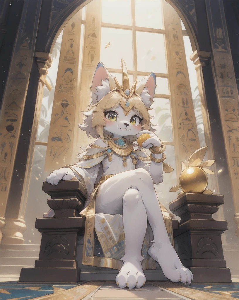 Best quality, (masterpiece, ultra detail 8k art:1.15),looking at viewer,full body,furry,(anthro,cat legs),sitting,Egyptian mythology, fantasy, cat deity Bastet, feminine features, cute expression, fluffy fur, golden jewelry, warm lighting, vibrant colors, ancient Egyptian setting,(dark skin:0.8),out door BREAK
gorgeous,sit on the throne,(crossed legs, Biting into a shining golden apple,hime cut, medium hair),(1 shining golden apple:1.2)high-handedness,, smile, atrium, void,palace BREAK
(three anthro servants around,Three anthro wearing simple clothes:1.25)