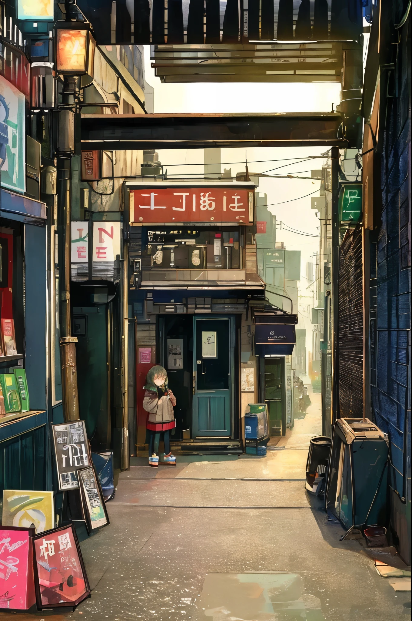 (masterpiece、Highest quality、Highest quality、Official Art、Beautiful and aesthetic:1.2)、Near future、Blade Runner、Slum Street、Late at night、Lo-fi Hip Hop、Cafe with small lights、Residential Street、silence、It's raining a little、
