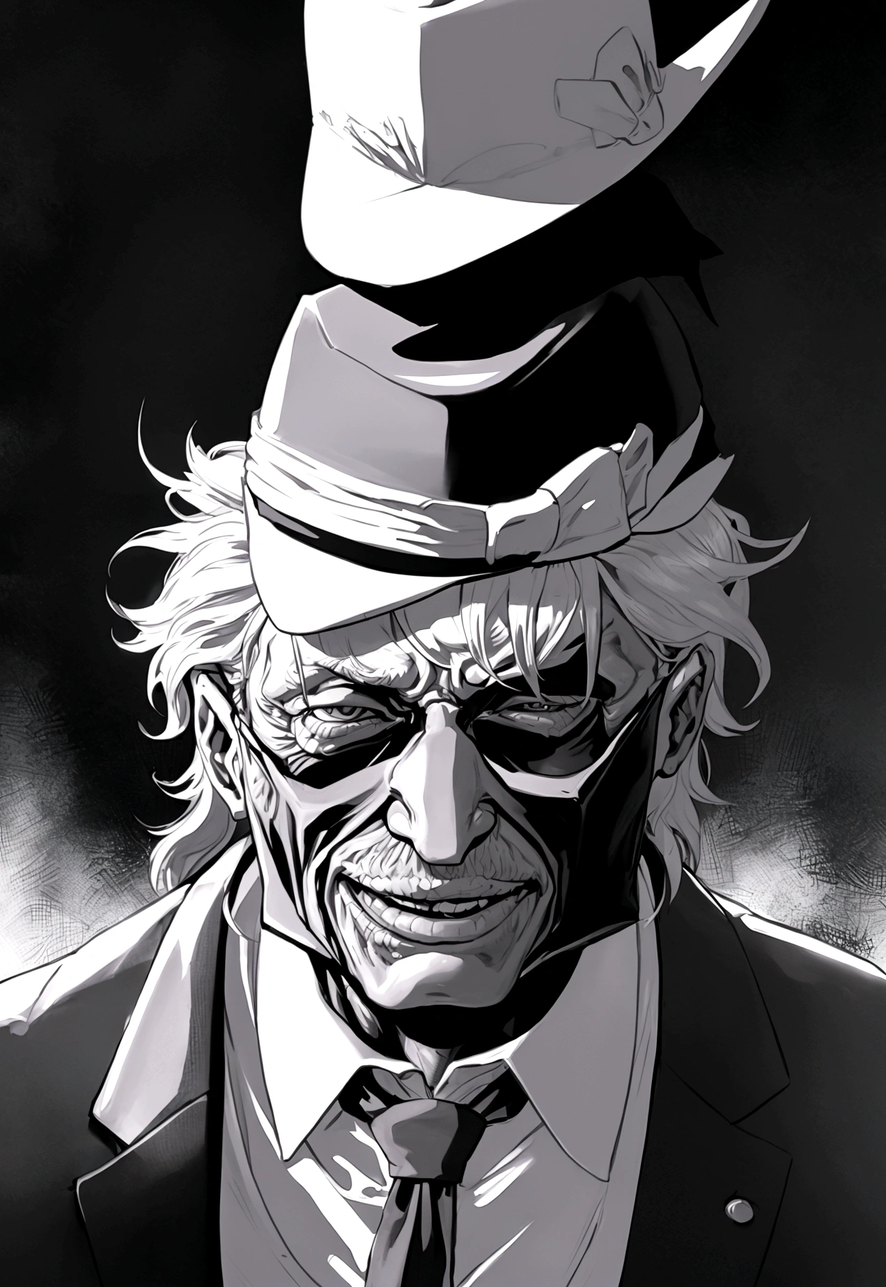 old man in a suit, only upper body, with a fedora and put a cool mask on his face
