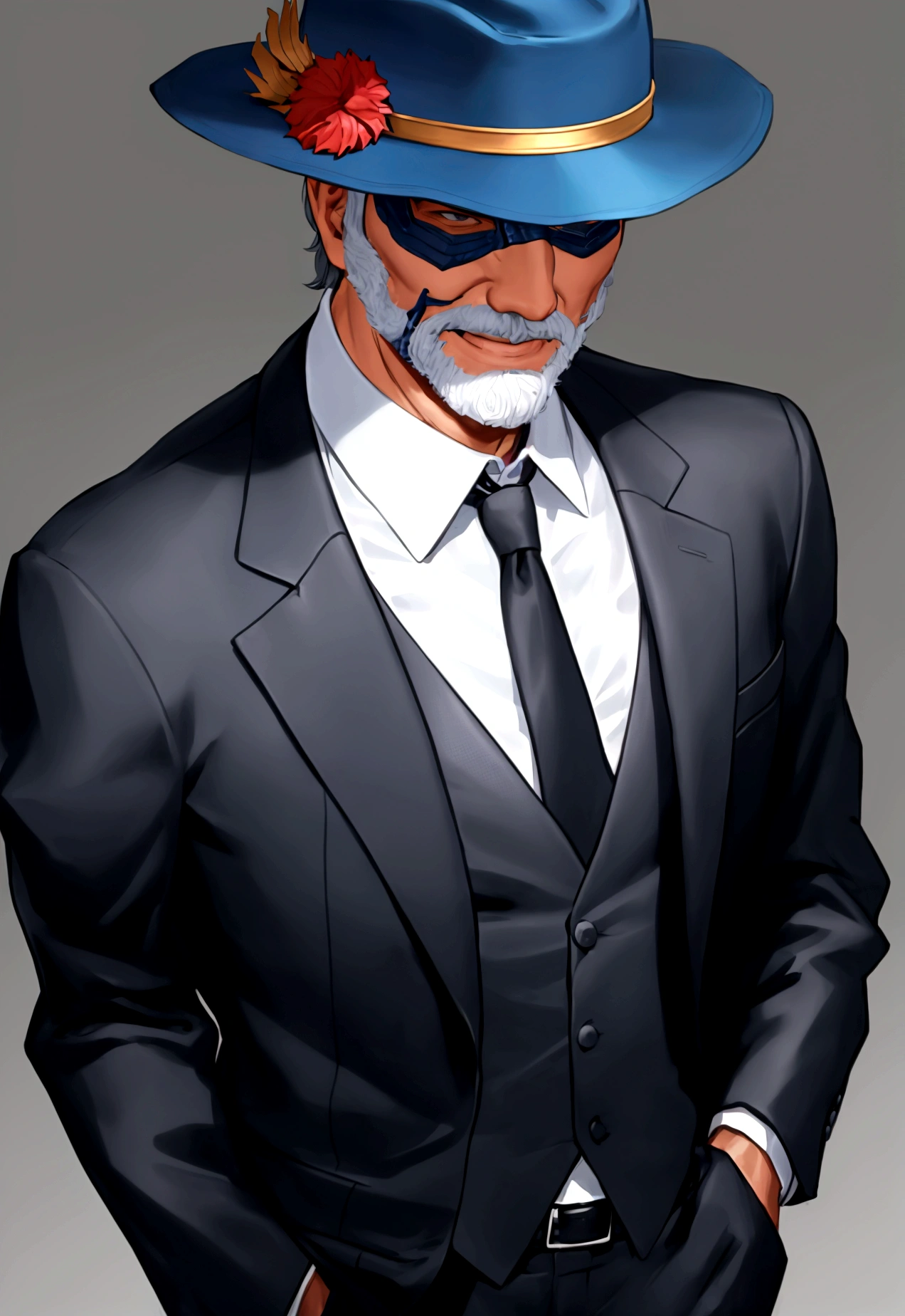 old man in a suit, only upper body, with a fedora and put a cool mask on his face