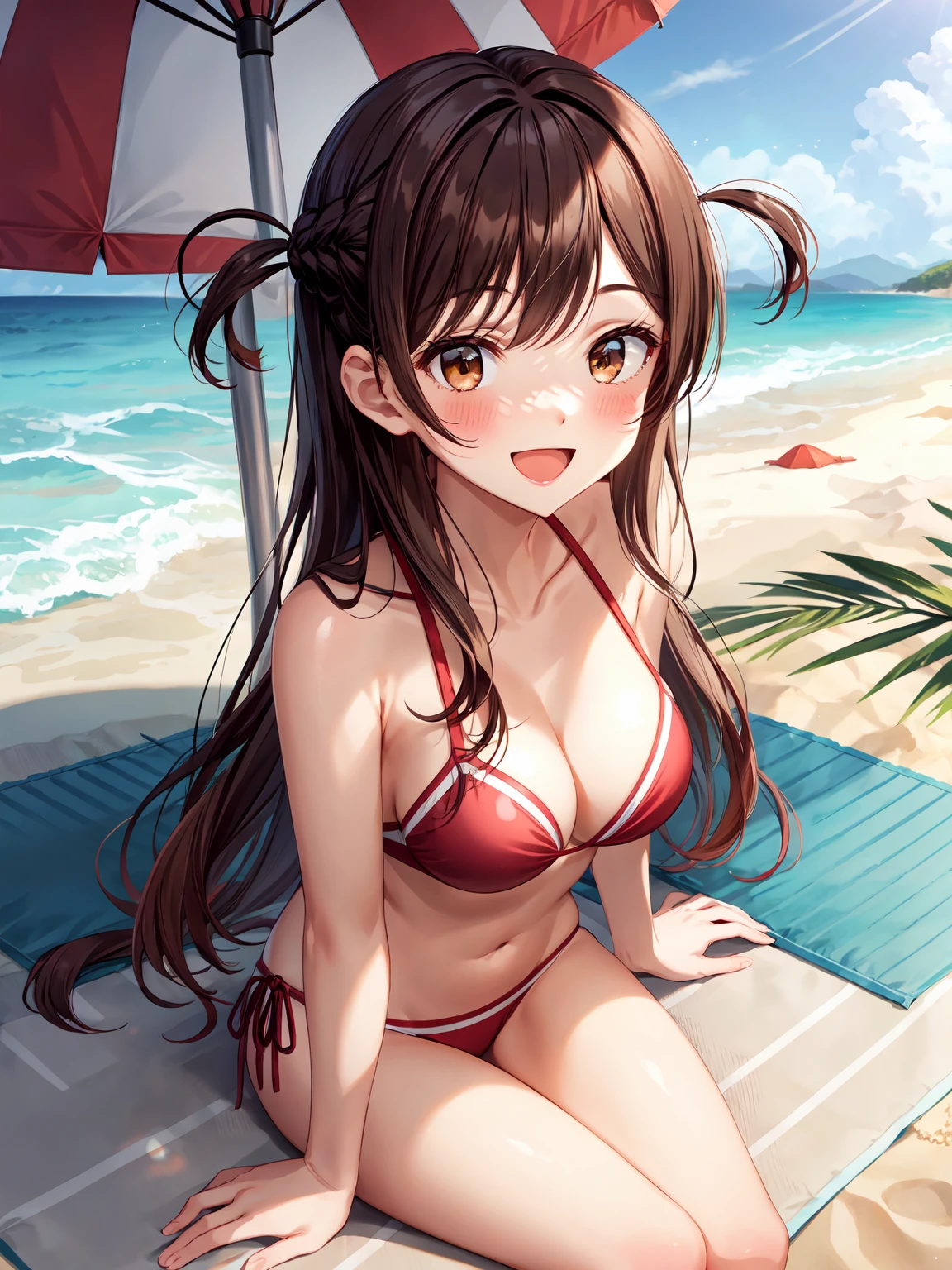 Masterpiece ,best quality , high resolution , (1 girl solo:1.38) , (chizuru ichinose, long hair, bangs, brown hair, (brown eyes:1.2), one side up,) , (cleavage:1.2) , (medium breast:1.28) , ( wear bikini , stockings) , (cleavage:1.15) , (big breast:1.1) , (face view , front view , from front , look at view ) , (outdoor , sea , ocean, sand , beach , sun_umbrella , beverages) , (sitting on mat ) , ( smile , open mouth , full face blush , shy )