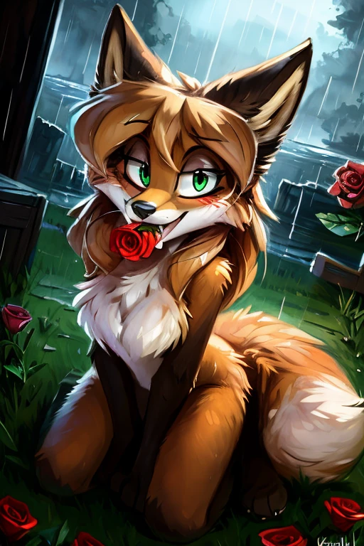 uploaded to E621, by kenket, by Kilinah, by Einshelm, by fluff-kevlar, by foxovh, beautiful and detailed portrait of an anthropomorphic vixen ((female))), (detailed averi), (detailed lighting), (detailed fur), (detailed breasts), BREAK, (cinematic lighting), ((detailed background)), ((depth of field)), (half body shadow), ((looking at viewer)), [backlighting], [detailed ambient light], [ambient light on the belly], [realistic proportions], [explicit content, adult, nsfw], [sharp focus], (questionable content), (shaded), (hi res), ((masterpiece)), (Averi, Fox girl), (anthro, fluffy fur), anthro fox girl, body fur, curvy, sexy, nice, cute, hot, (Averi, Fox girl), green eyes, solo, blushing, flat chest, chest fluff, speech bubble, heart, hearts, shy, coy smile, smile, fangs, exclamation mark, tail tip emanating magnificent magical fire, scarlet fire encircling the tail tip, fiery tail tip, flames emanating from magical fox tail, magical tail fire, fire fox tail, foxfire, on knees, top view, looking up at viewer, raining, wet fur, grass, holding rose in mouth, romantic