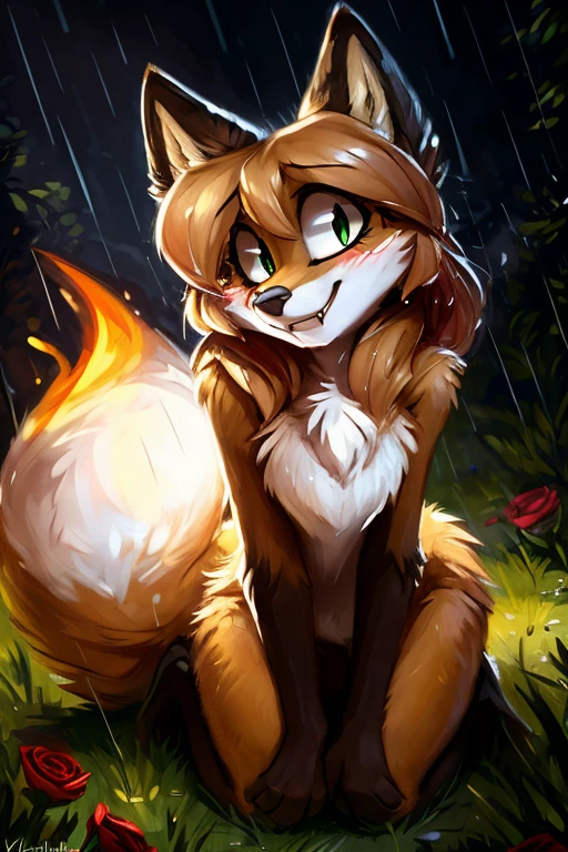 uploaded to E621, by kenket, by Kilinah, by Einshelm, by fluff-kevlar, by foxovh, beautiful and detailed portrait of an anthropomorphic vixen ((female))), (detailed averi), (detailed lighting), (detailed fur), (detailed breasts), BREAK, (cinematic lighting), ((detailed background)), ((depth of field)), (half body shadow), ((looking at viewer)), [backlighting], [detailed ambient light], [ambient light on the belly], [realistic proportions], [explicit content, adult, nsfw], [sharp focus], (questionable content), (shaded), (hi res), ((masterpiece)), (Averi, Fox girl), (anthro, fluffy fur), anthro fox girl, body fur, curvy, sexy, nice, cute, hot, (Averi, Fox girl), green eyes, solo, blushing, flat chest, chest fluff, speech bubble, heart, hearts, shy, coy smile, smile, fangs, exclamation mark, tail tip emanating magnificent magical fire, scarlet fire encircling the tail tip, fiery tail tip, flames emanating from magical fox tail, magical tail fire, fire fox tail, foxfire, on knees, top view, looking up at viewer, raining, wet fur, grass, holding rose in mouth, romantic