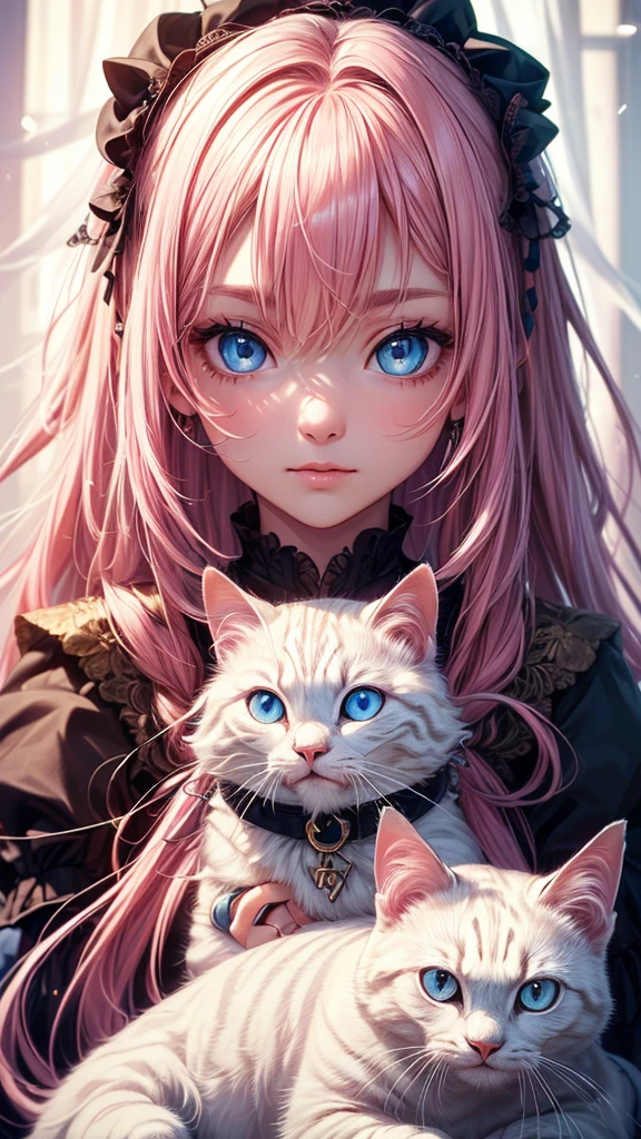 ((Highest quality, 16K, masterpiece: 1.3)), (Very delicate and beautiful face), (Beautiful eyes in every detail),,Girl with cat, White Cat, Pink Hair、blue eyes, Avatar,