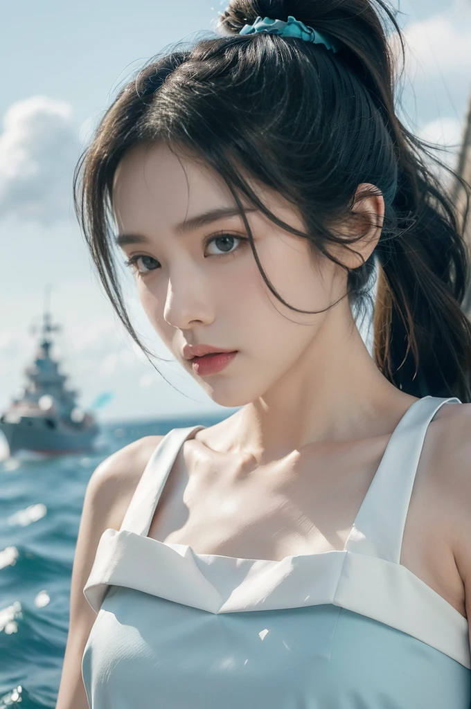 (((best quality))),(((ultra detailed))),(((masterpiece))),illustration,((1girl,naval officer,solo)),(short ponytail:1.2),((slim,thin)),((small breasts,flat chest)),(white tank top:1.3),vibrant colors,ocean background,(on the warship:1.3),majestic,turquoise waves,sun reflection,white clouds,sky,brilliant shade of blue,confident posture,gaze fixed on horizon,wind,gently blows hair,stray strands,flutter in breeze,adventure,excitement,unknown waters,beauty,strength,determination,female power,resilience,striking looks,powerful setting,sea,captivating,inspiring image,viewer,drawn to presence,challenging environment,military service,bravery,dedication,((from front,close-up of face))