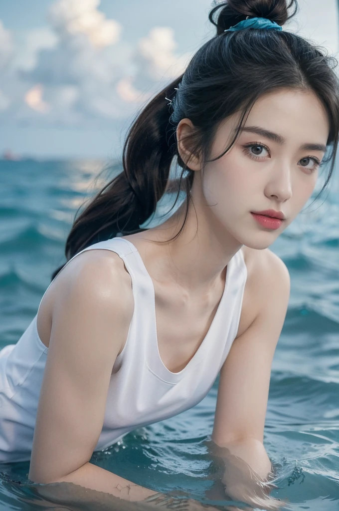 (((best quality))),(((ultra detailed))),(((masterpiece))),illustration,((1girl,naval officer,solo)),(short ponytail:1.2),((slim,thin)),((small breasts,flat chest)),(white tank top:1.3),vibrant colors,ocean background,(on the warship:1.3),majestic,turquoise waves,sun reflection,white clouds,sky,brilliant shade of blue,confident posture,gaze fixed on horizon,wind,gently blows hair,stray strands,flutter in breeze,adventure,excitement,unknown waters,beauty,strength,determination,female power,resilience,striking looks,powerful setting,sea,captivating,inspiring image,viewer,drawn to presence,challenging environment,military service,bravery,dedication,((from front,close-up of face))