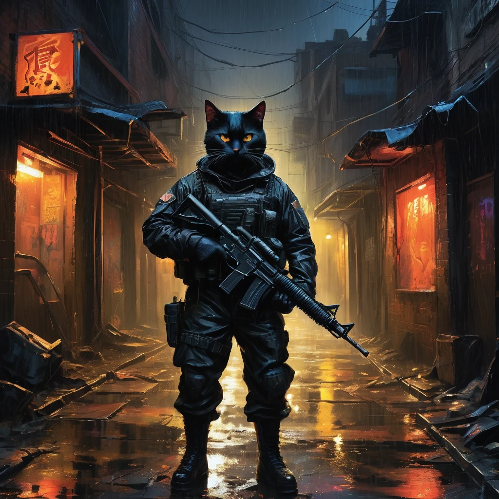 Man in military uniform、Equipped with a machine gun、A noir-style depiction of a demonic looking cat, Patrolling the abandoned alleys, Lighting accentuates the rain-soaked environments and neon-lit atmosphere, Abstract black oil paint, Equipped with a complex gear mechanism, Dramatic Chiaroscuro, The essence of realistic oil painting, Reminiscent of Raphael'work, Caravaggio, Greg Rutkowski, Beep, Beksinski, Giger, Ultra-fine detail.rendering in the unreal engine, Ultra-Realistic Details. Surrealism. Dramatic lighting
