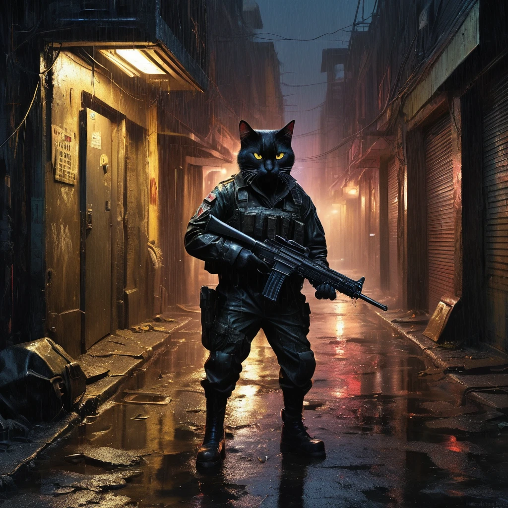 Man in military uniform、Equipped with a machine gun、A noir-style depiction of a demonic looking cat, Patrolling the abandoned alleys, Lighting accentuates the rain-soaked environments and neon-lit atmosphere, Abstract black oil paint, Equipped with a complex gear mechanism, Dramatic Chiaroscuro, The essence of realistic oil painting, Reminiscent of Raphael'work, Caravaggio, Greg Rutkowski, Beep, Beksinski, Giger, Ultra-fine detail.rendering in the unreal engine, Ultra-Realistic Details. Surrealism. Dramatic lighting