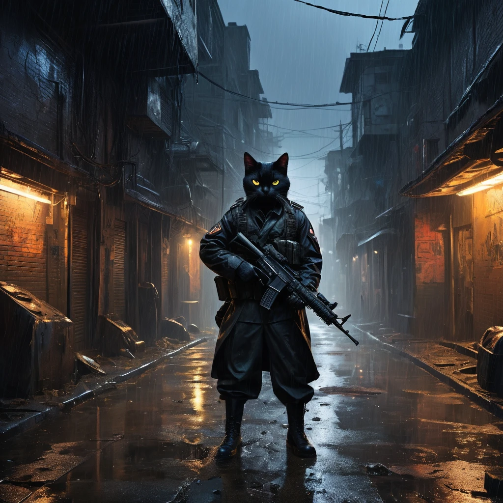 Man in military uniform、Equipped with a machine gun、A noir-style depiction of a demonic looking cat, Patrolling the abandoned alleys, Lighting accentuates the rain-soaked environments and neon-lit atmosphere, Abstract black oil paint, Equipped with a complex gear mechanism, Dramatic Chiaroscuro, The essence of realistic oil painting, Reminiscent of Raphael'work, Caravaggio, Greg Rutkowski, Beep, Beksinski, Giger, Ultra-fine detail.rendering in the unreal engine, Ultra-Realistic Details. Surrealism. Dramatic lighting
