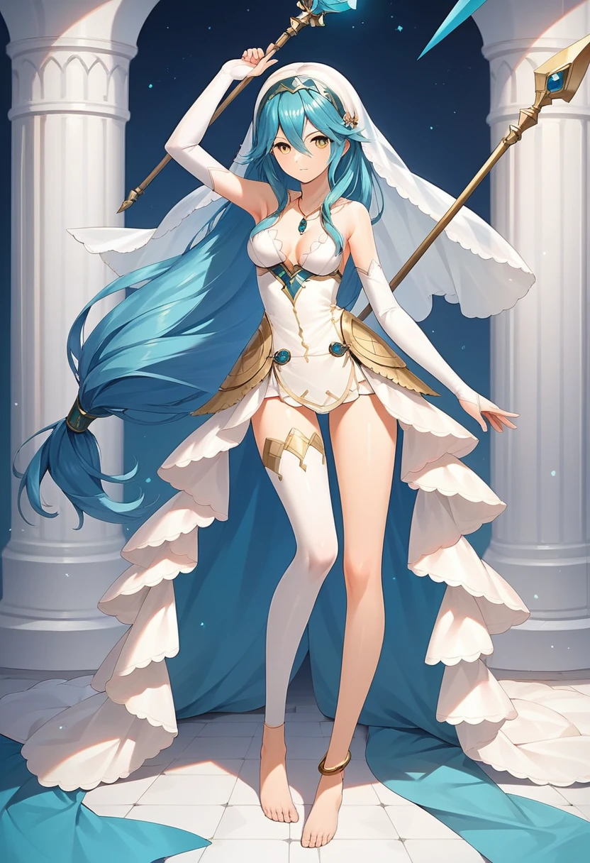 masterpiece, Highest quality, Very detailed, score_9, score_8_upper, score_7_upper, score_6_upper, アニメ, Aqua(Fire emblem), Low-tied_long_hair, light_blue_hair, Yellow Eyes, Asymmetrical legwear, barefoot, Opera Gloves, pendant,White legwear, Single bare leg, White Dress, hair band, Long hair between the eyes, Gold Anklet, Veil, Beautiful Eyes, Perfect Face, Perfect hands, Perfect Fingers, medium breasts, Very beautiful long legs, Thighs, spear, Have a weapon, armpits, determined