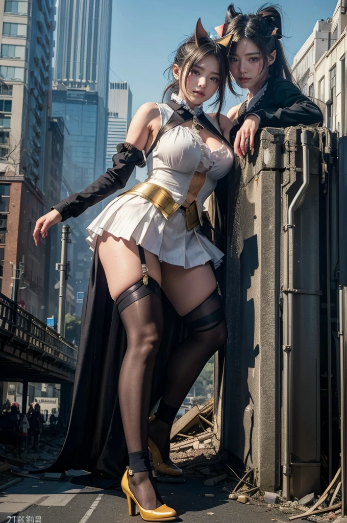 Sweat makes clothes transparent、Chest、The building collapses、Urban hustle and bustle、Traffic jam、City of Rubble、street tree、((((Azur Lane Cheshire Cosplay))))、Gothic Frill Dress Maid Uniform、Super huge breasts、Plump thighs、Ground View,City of Giants,500 foot tall giant girl,skyscraper,Has super long legs,Step into the crowd,There are many people on the street,Knee-high socks,She has waist-length black hair,Wear Mary Jane heels,A happy look,Standing on the ruins,Beautiful appearance,Exquisite makeup,quality,8K,高quality,Perfect Proportions, Cinema Lighting,Film Grain,The Colors of Fuji,8K,Textured skin,Super Detail,High detail,high quality,High resolution,explode,False Smile,Show your pants