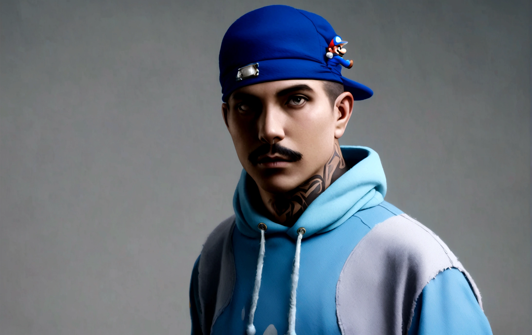 sharp man with blue cap and blue sweatshirt, cool teddy bear, with a rap cap on his head, inspirado em mario Bardi, style of seb mckinnon, portrait of Danny González, manuel sanjulianblue, profile pic, portrait of mario, promo photo, wearing a blue sweatshirt, Martin Sandiego, mid shot portrait, mario, deiv calviz, icy