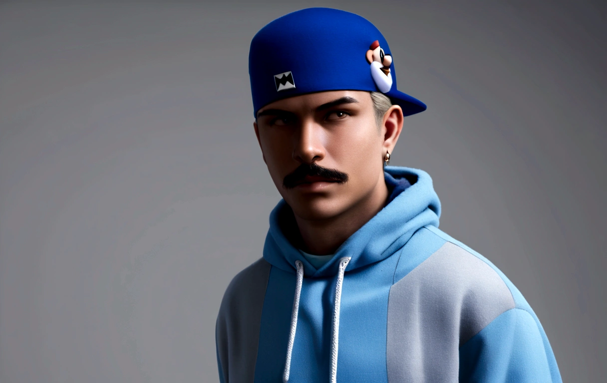 sharp man with blue cap and blue sweatshirt, cool teddy bear, with a rap cap on his head, inspirado em mario Bardi, style of seb mckinnon, portrait of Danny González, manuel sanjulianblue, profile pic, portrait of mario, promo photo, wearing a blue sweatshirt, Martin Sandiego, mid shot portrait, mario, deiv calviz, icy