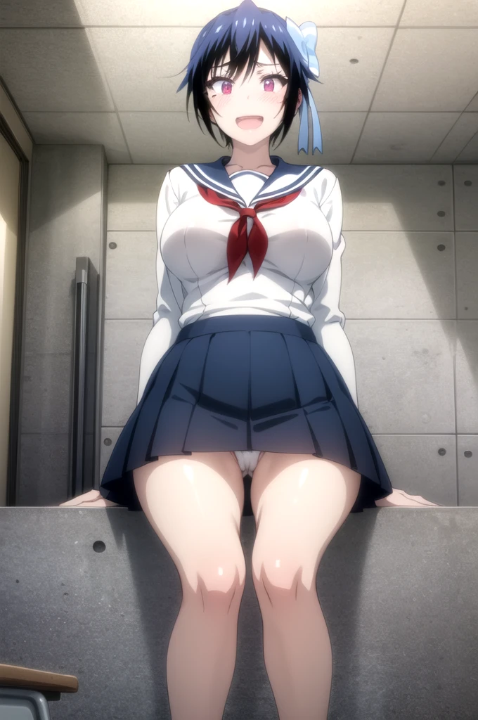 (masterpiece:1.2), best quality, high resolution, unity 8k wallpaper, (illustration:0.8), (beautiful detailed eyes:1.6), extremely detailed face, perfect lighting, extremely detailed CG, (seishirou tsugumi, red eyes, black hair, short hair, hair ribbon, big breast, solo,), sitting, spread legs, Sailor suit, cameltoe, no bra, show off nipple, nipple, torn clothes, open-breast clothes, very short skirt, lift skirt, lace white panties, spread vagina, gleaming skin, moist skin, embarrassed, open mouth, noon, in the classroom, from below, looking at viewer, happy smile,