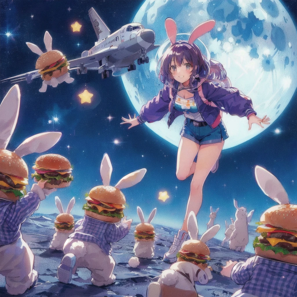 Anime girl with burger and rabbit on the moon, smile,Earth in the sky,Space shuttle flying,Anime Food, 80s anime art style, Anime Wallpaper,, Kantai Collection Style, Official artwork, Anime-style illustrations, Anime Cover, High quality anime art style, Trending Anime Art, 80s anime style