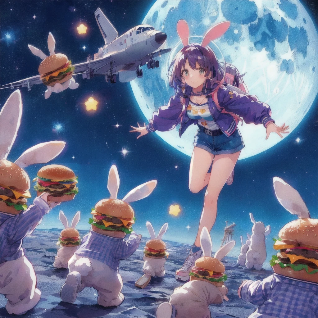 Anime girl with burger and rabbit on the moon, smile,Earth in the sky,Space shuttle flying,Anime Food, 80s anime art style, Anime Wallpaper,, Kantai Collection Style, Official artwork, Anime-style illustrations, Anime Cover, High quality anime art style, Trending Anime Art, 80s anime style