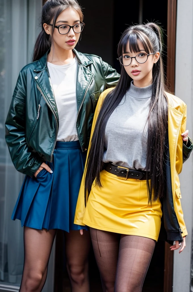 masterpiece, best quality, MakiS1, solo bangs, 1girl, ponytail, green hair, glasses, jacket closed, mouth semi-rimless, eyewear, long hair, skirt, long sleeves, expressionless yellow eyes, pantyhose, blue jacket, blue skirt, black pantyhose, parted lips, high ponytail, sexy, cosplay, bimbostyletwo